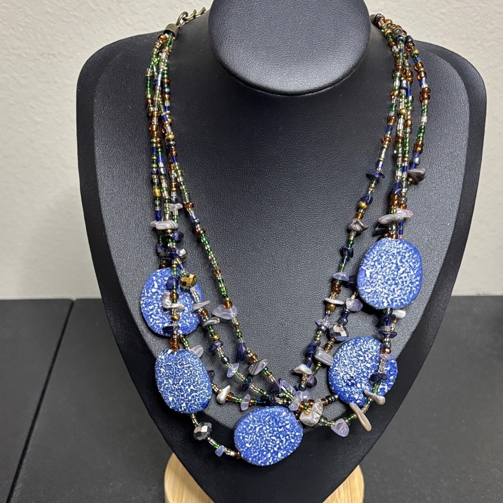 Vintage CG Multi-Strand Mini Glass Ceramic Blue Bead Statement Necklace